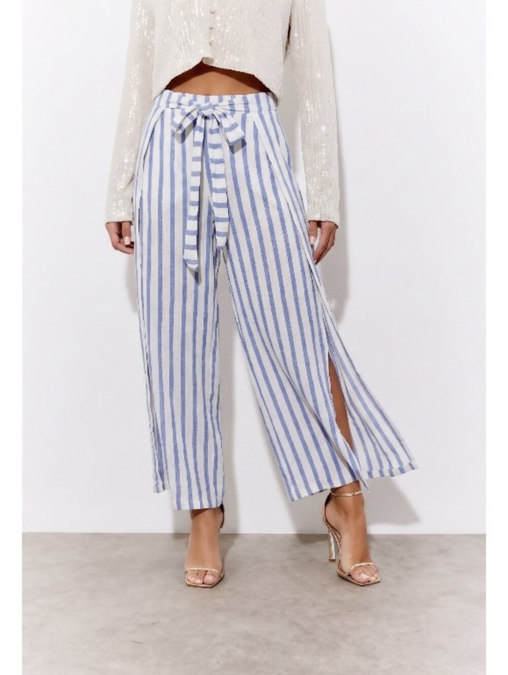 Flowing Full Side Leg Slit Blue Island white striped Beach Pants M Tie Waist Hot